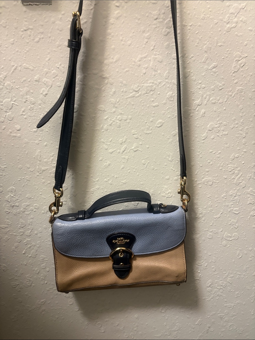 Coach Two-Tone Leather Crossbody Bag - Light Blue & Tan with Black Trim